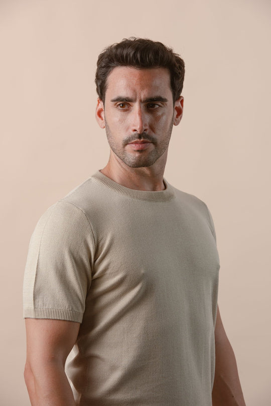 COTTON MELANGE KNITTED CREWNECK T - SHIRT - Roban
