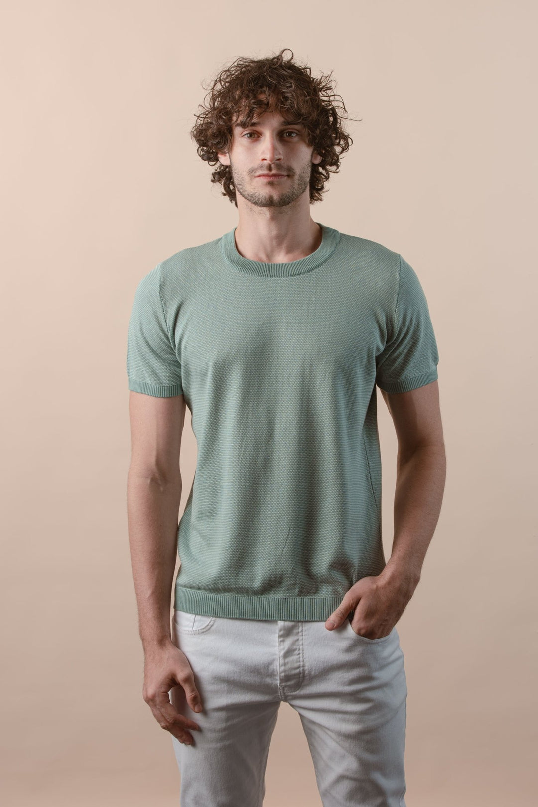 COTTON MELANGE KNITTED CREWNECK T - SHIRT - Roban