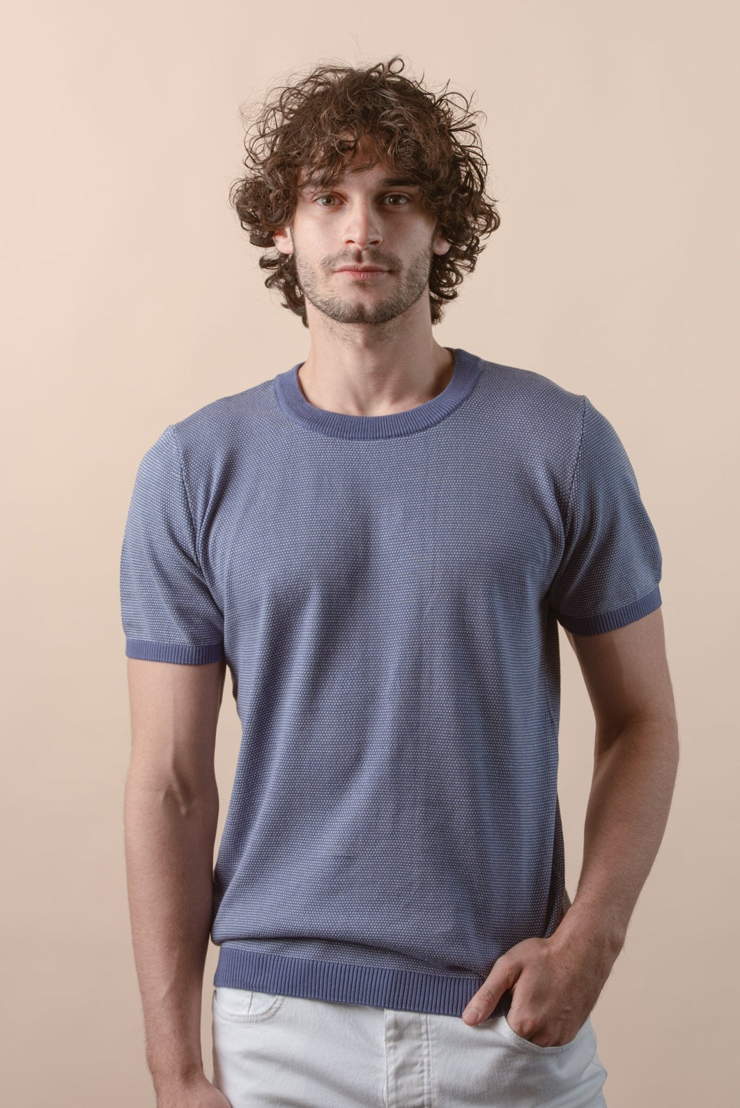 COTTON MELANGE KNITTED CREWNECK T - SHIRT - Roban