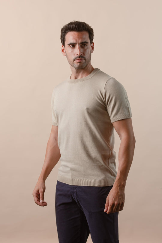COTTON MELANGE KNITTED CREWNECK T - SHIRT - Roban