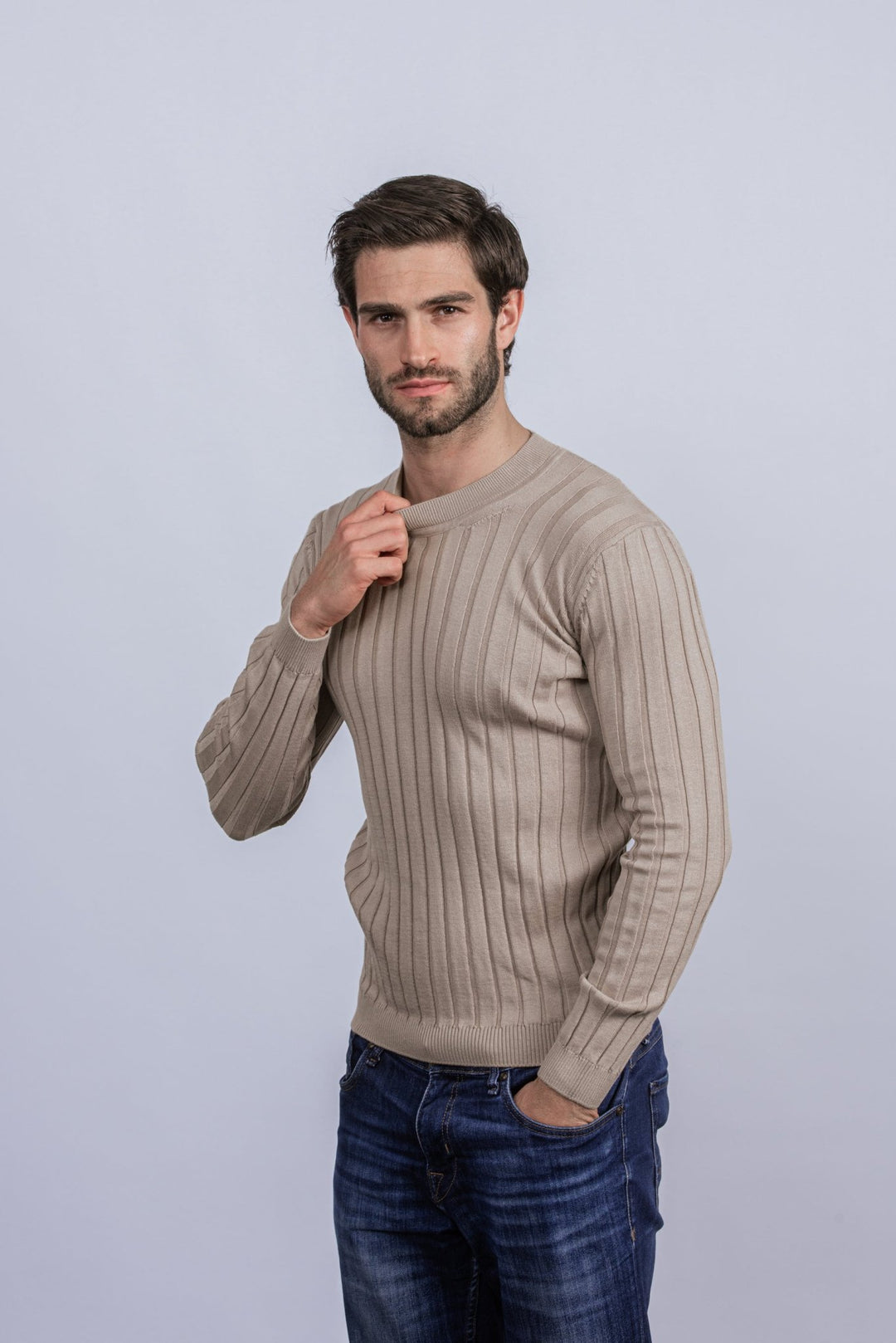 Cotton Ribbed knitted crewneck Pullover - Roban