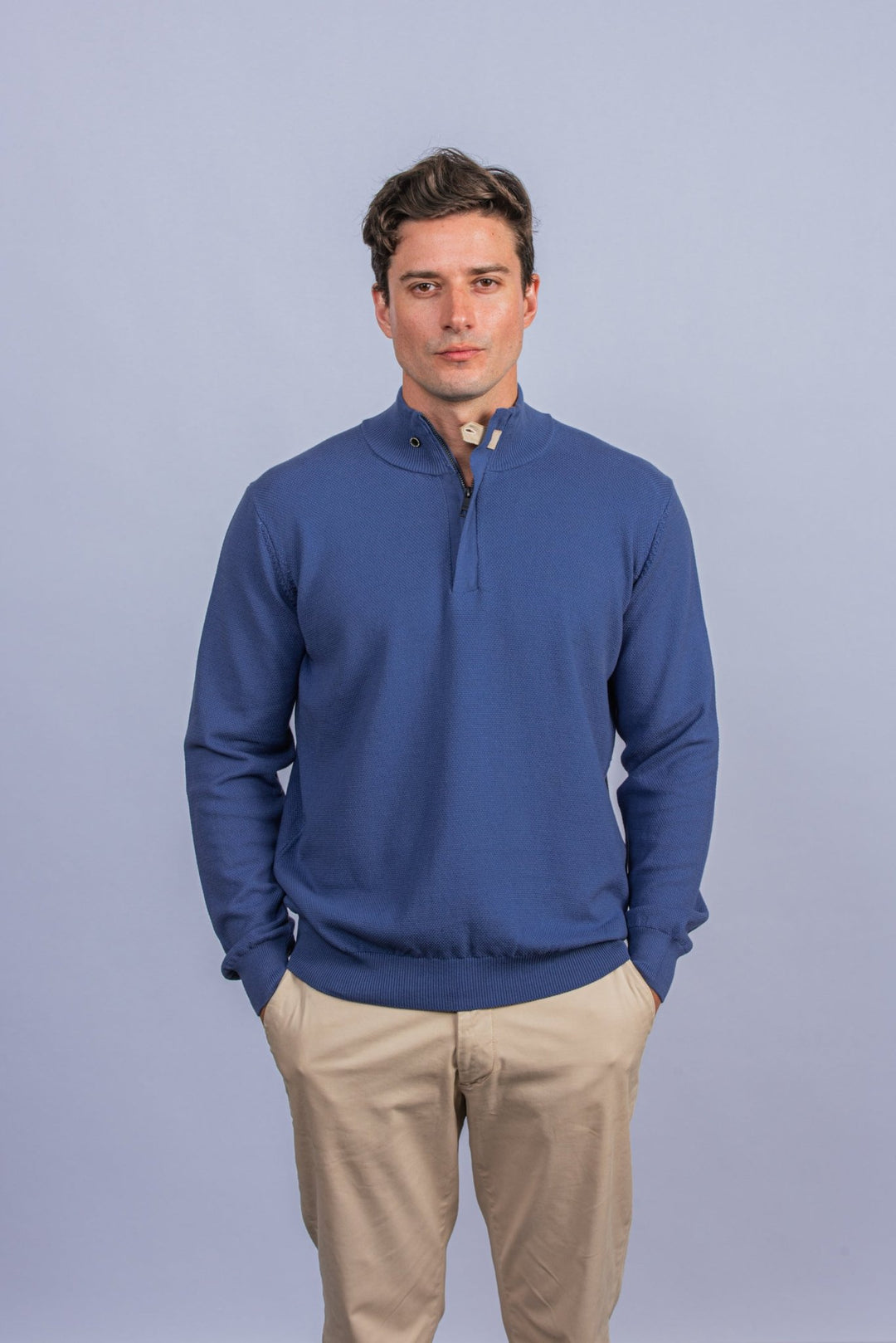 Cotton Ribbed knitted Zip Turtle - neck Pullover - Roban