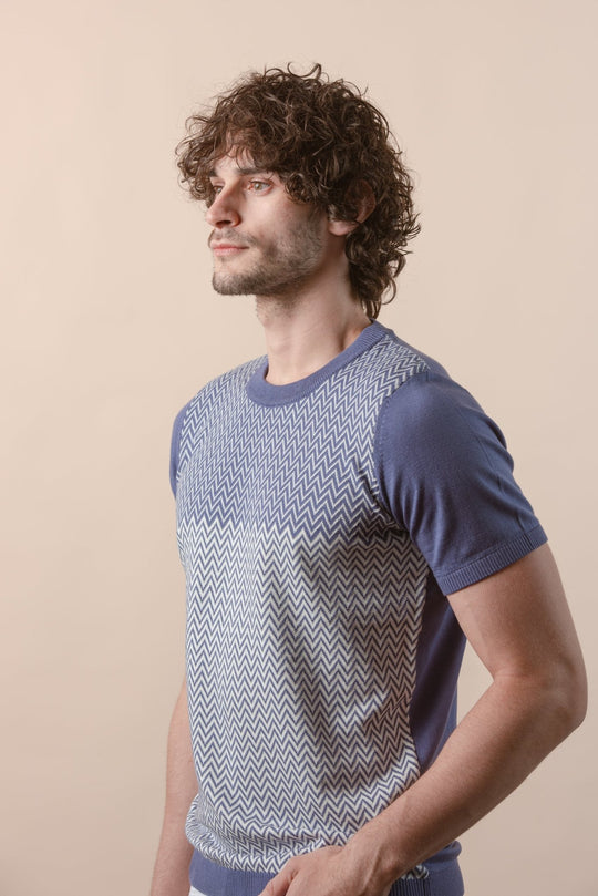 COTTON ZEGZAG STYLE KNITTED CREWNECK T - SHIRT - Roban