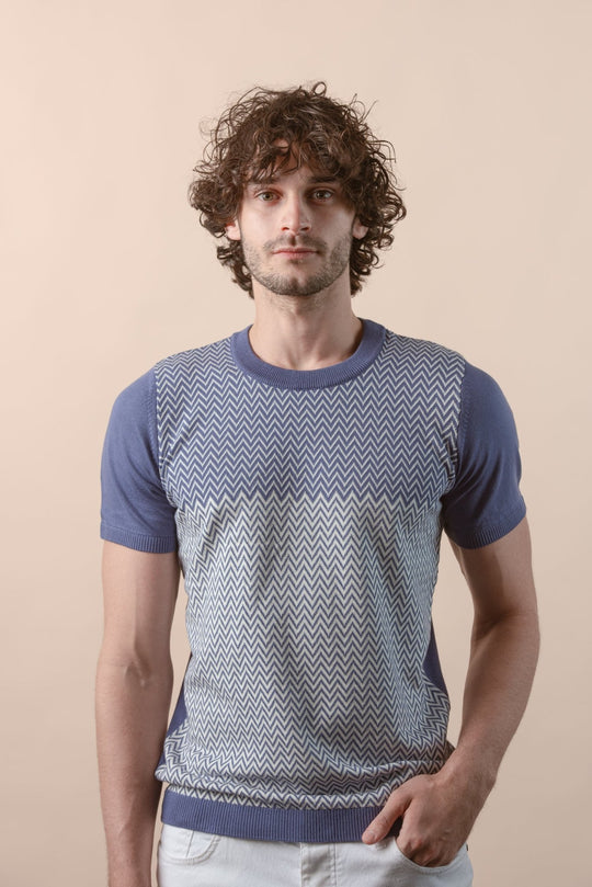 COTTON ZEGZAG STYLE KNITTED CREWNECK T - SHIRT - Roban