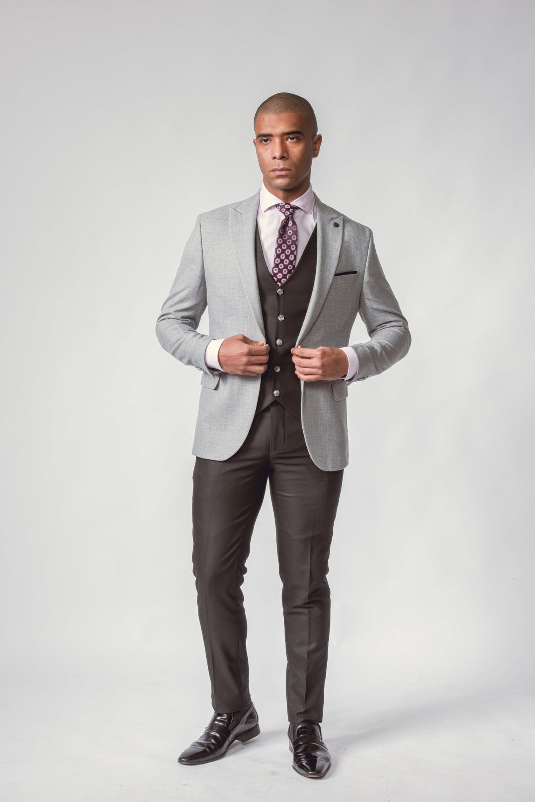 GREY HERRINGBONE 3 PIECES SLIMT FIT SUIT - Roban