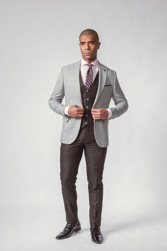 GREY HERRINGBONE 3 PIECES SLIMT FIT SUIT - Roban