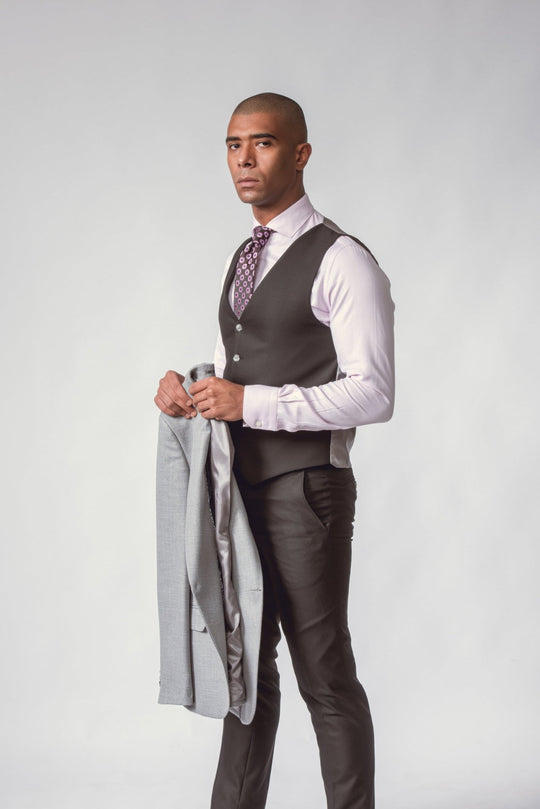 GREY HERRINGBONE 3 PIECES SLIMT FIT SUIT - Roban