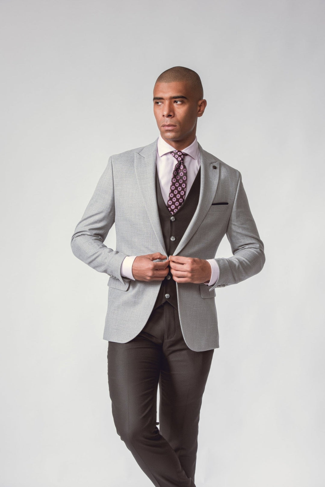 GREY HERRINGBONE 3 PIECES SLIMT FIT SUIT - Roban