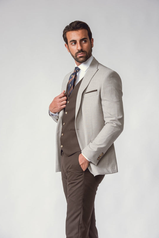 LIGHT GREY HERRINGBONE 3 PIECES SLIMT FIT SUIT - Roban