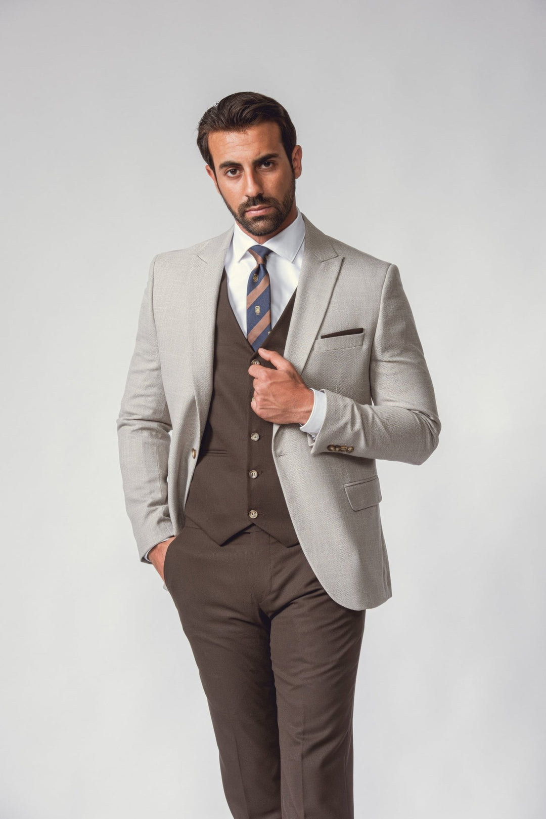 LIGHT GREY HERRINGBONE 3 PIECES SLIMT FIT SUIT - Roban