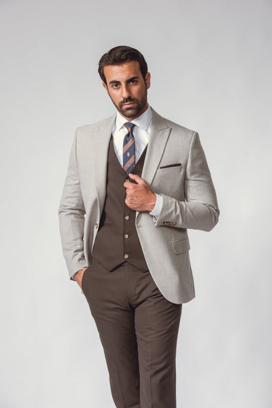 LIGHT GREY HERRINGBONE 3 PIECES SLIMT FIT SUIT - Roban
