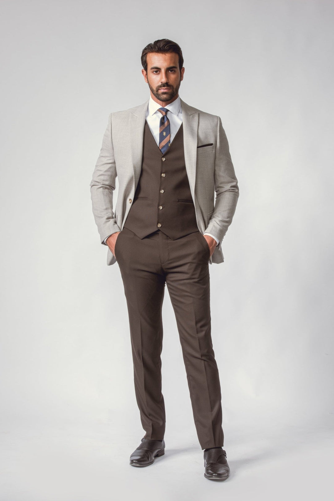 LIGHT GREY HERRINGBONE 3 PIECES SLIMT FIT SUIT - Roban