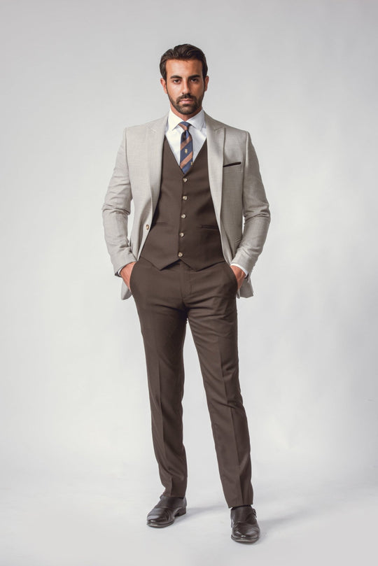 LIGHT GREY HERRINGBONE 3 PIECES SLIMT FIT SUIT - Roban