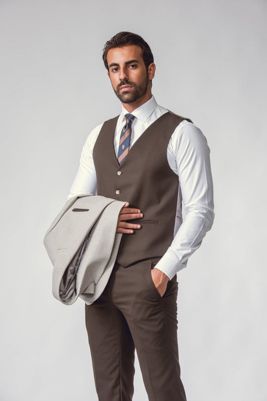 LIGHT GREY HERRINGBONE 3 PIECES SLIMT FIT SUIT - Roban