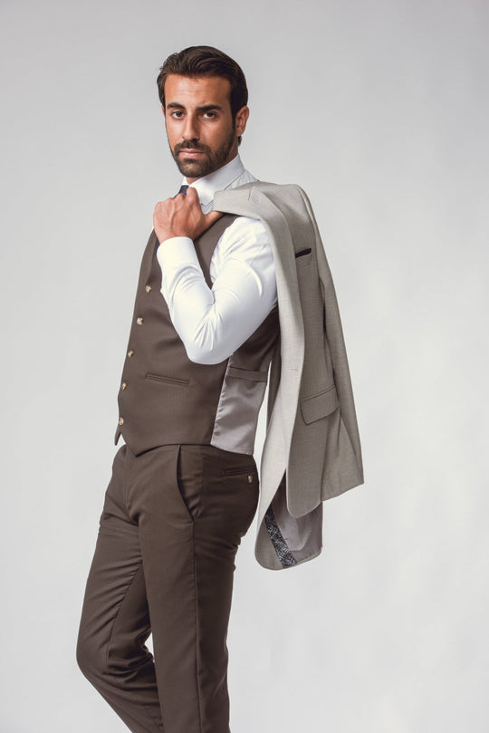 LIGHT GREY HERRINGBONE 3 PIECES SLIMT FIT SUIT - Roban
