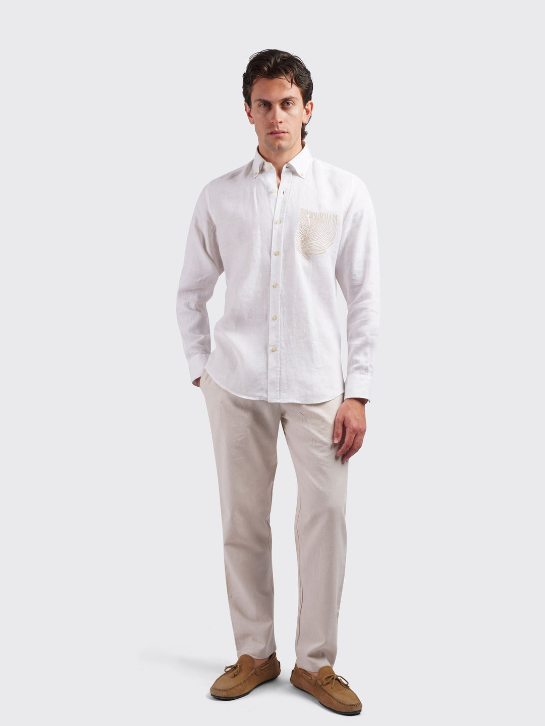 MONOCHROME LEAF EMBROIDERED LINEN SHIRT - Roban