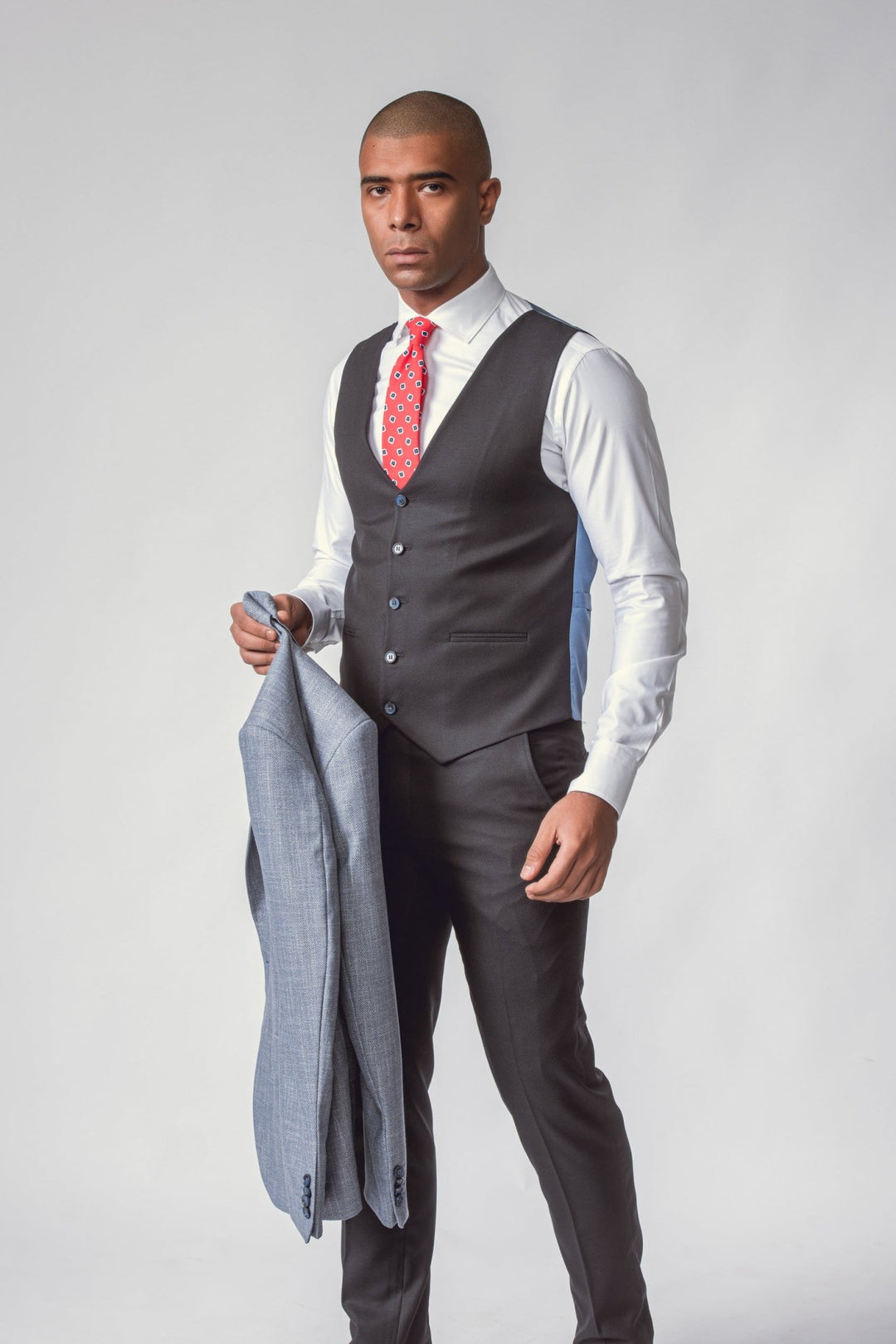 SKY BLUE HERRINGBONE 3 PIECES SLIMT FIT SUIT - Roban