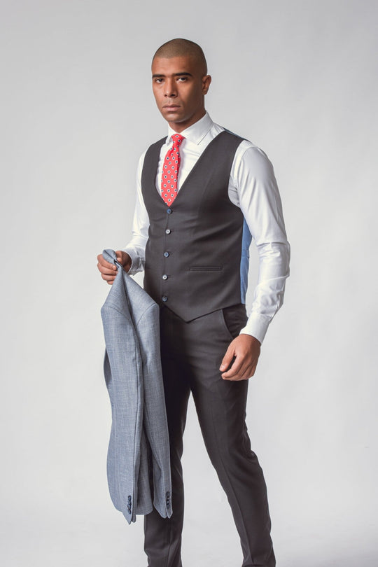 SKY BLUE HERRINGBONE 3 PIECES SLIMT FIT SUIT - Roban