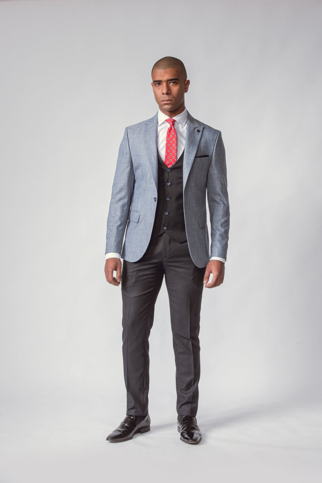 SKY BLUE HERRINGBONE 3 PIECES SLIMT FIT SUIT - Roban