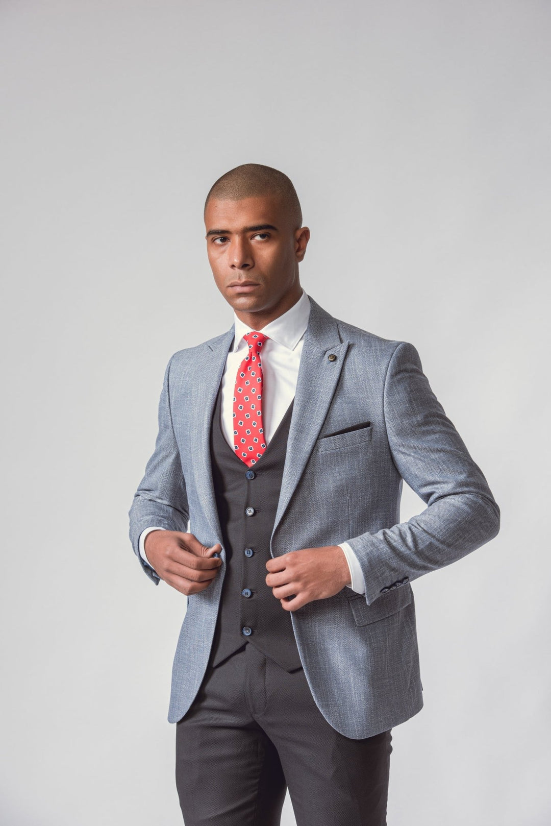 SKY BLUE HERRINGBONE 3 PIECES SLIMT FIT SUIT - Roban