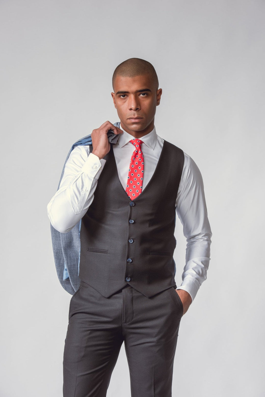 SKY BLUE HERRINGBONE 3 PIECES SLIMT FIT SUIT - Roban
