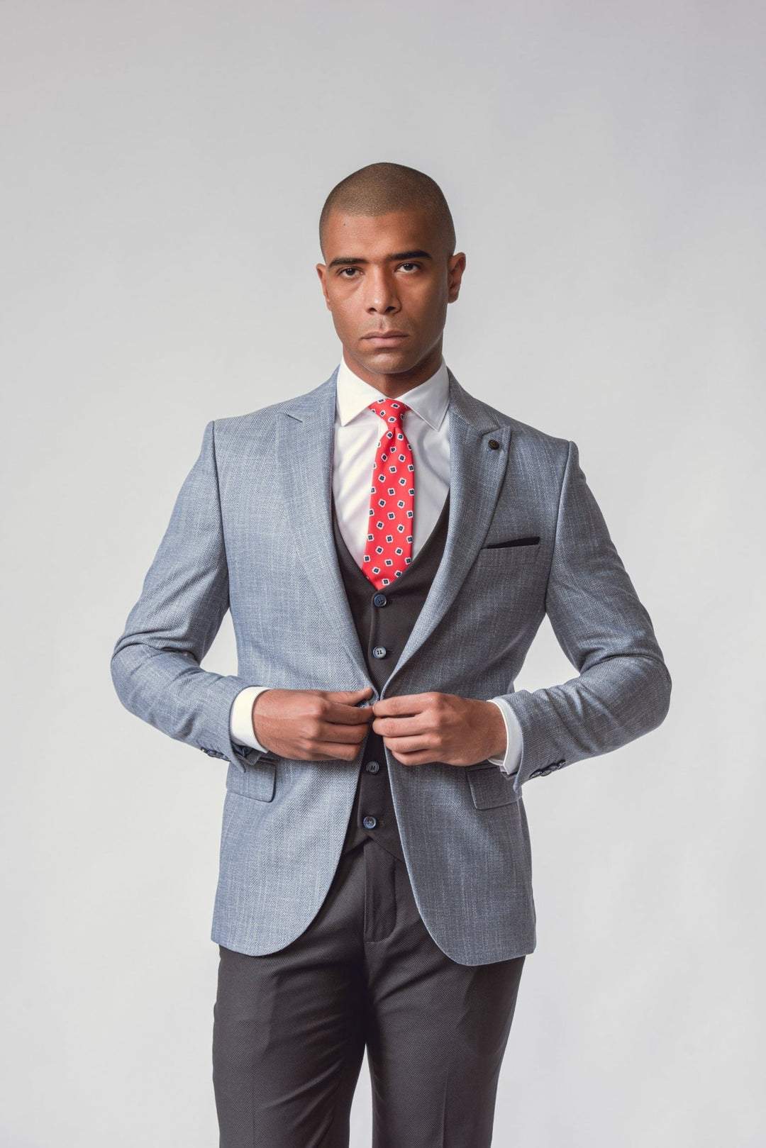 SKY BLUE HERRINGBONE 3 PIECES SLIMT FIT SUIT - Roban