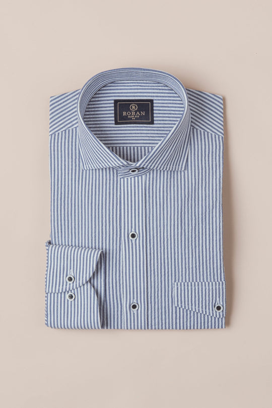 STRIPED CRINKLE - RIBBED COTTON SLIM FIT SHIRT - Roban
