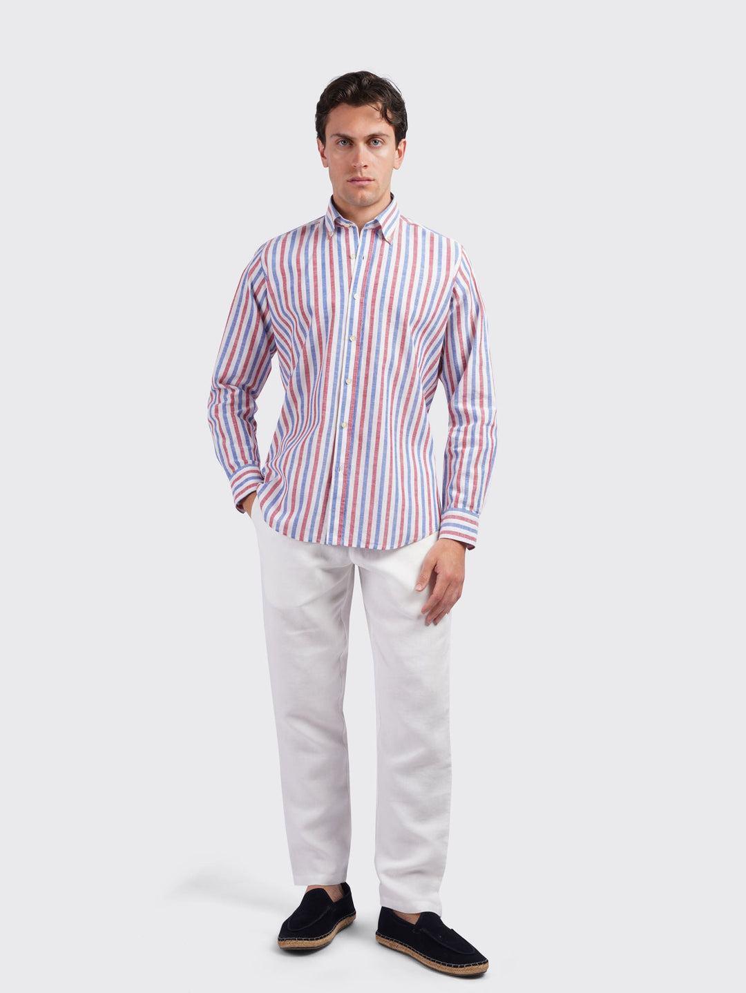 STRIPED WASHED COTTON LINEN REGULAR FIT SHIRT - Roban