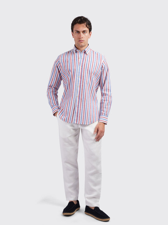 STRIPED WASHED COTTON LINEN REGULAR FIT SHIRT - Roban