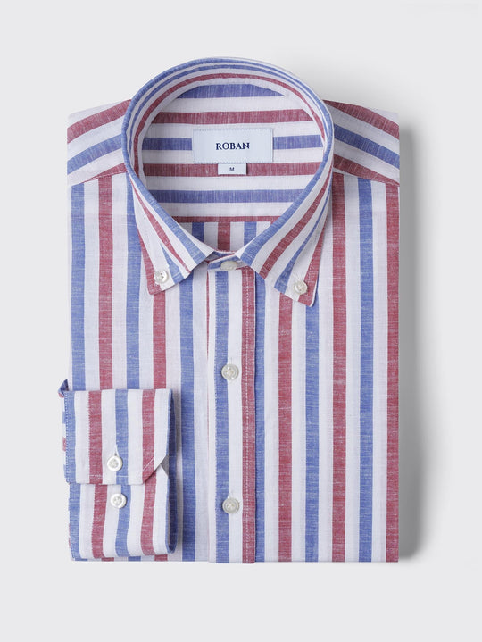STRIPED WASHED COTTON LINEN REGULAR FIT SHIRT - Roban