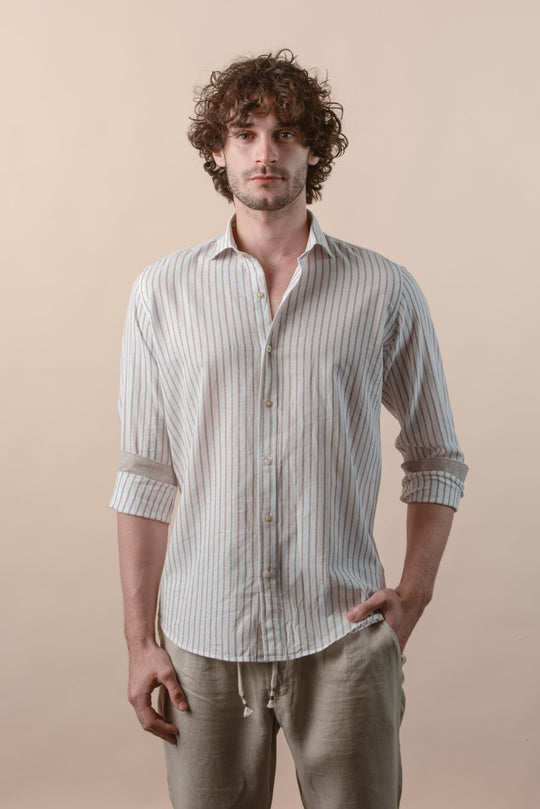 STRIPED WASHED COTTON LINEN REGULAR FIT SHIRT - Roban