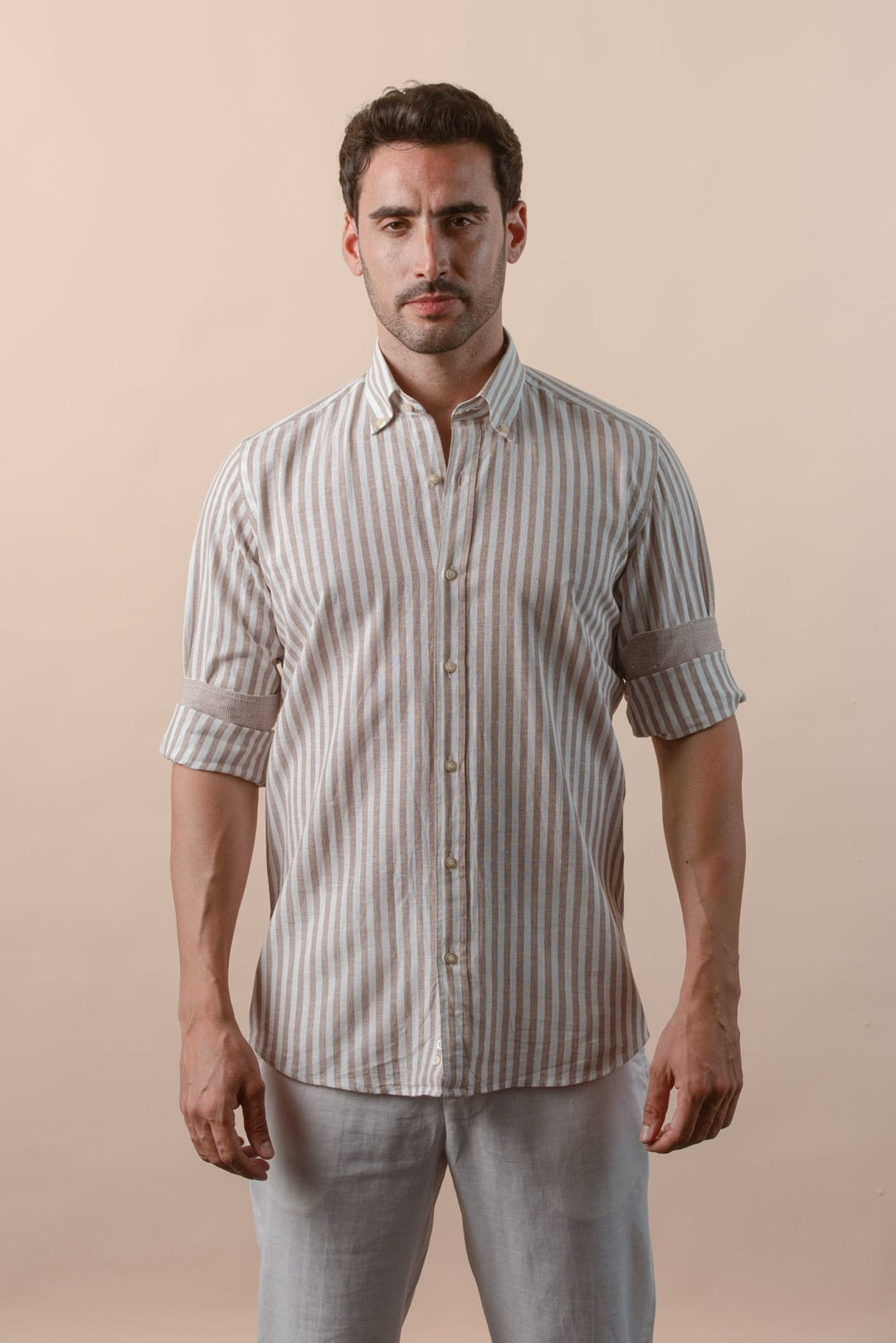 STRIPED WASHED COTTON LINEN REGULAR FIT SHIRT - Roban