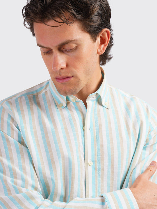 STRIPED WASHED COTTON LINEN REGULAR FIT SHIRT - Roban