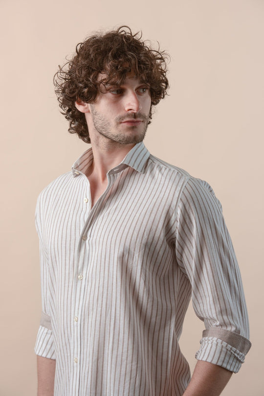 STRIPED WASHED COTTON LINEN REGULAR FIT SHIRT - Roban