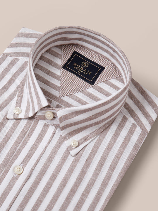 STRIPED WASHED COTTON LINEN REGULAR FIT SHIRT - Roban