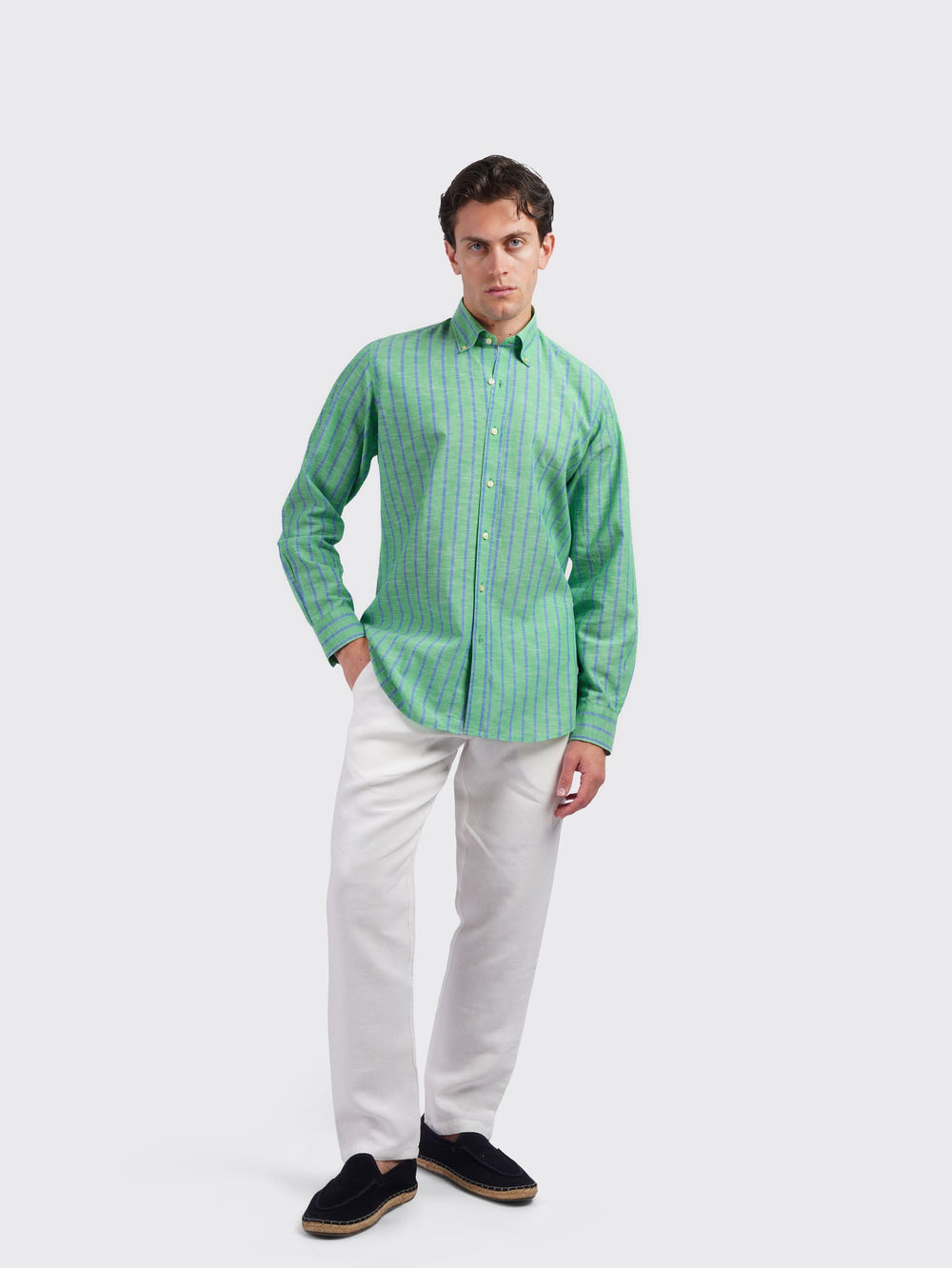 STRIPED WASHED COTTON LINEN REGULAR FIT SHIRT - Roban