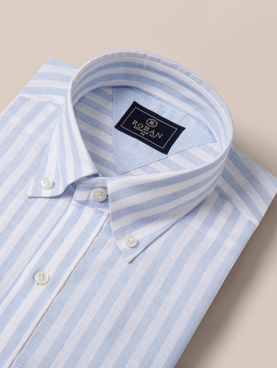 STRIPED WASHED COTTON LINEN REGULAR FIT SHIRT - Roban