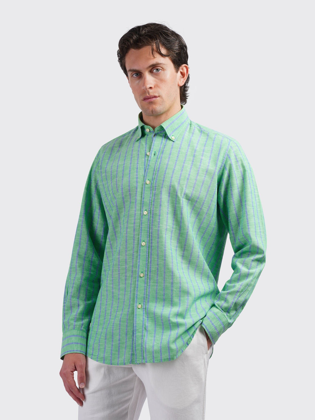 STRIPED WASHED COTTON LINEN REGULAR FIT SHIRT - Roban