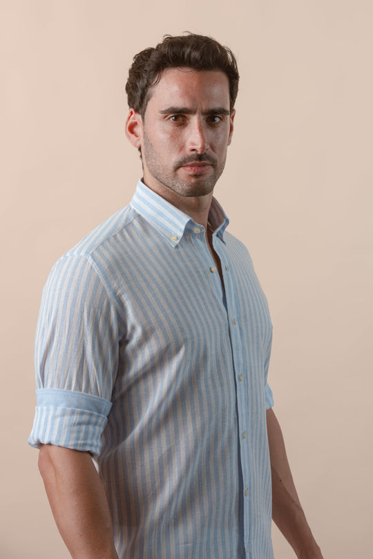 STRIPED WASHED COTTON LINEN REGULAR FIT SHIRT - Roban
