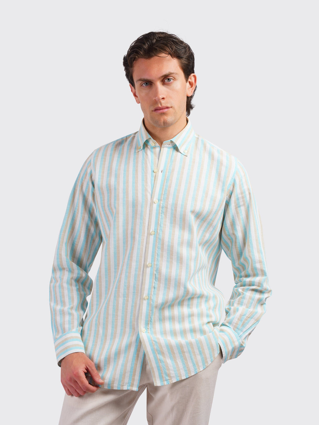 STRIPED WASHED COTTON LINEN REGULAR FIT SHIRT - Roban