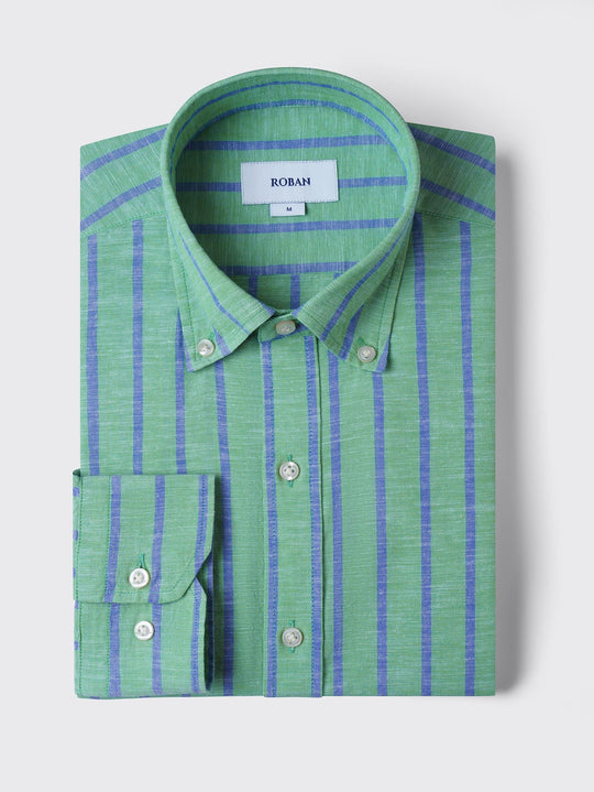 STRIPED WASHED COTTON LINEN REGULAR FIT SHIRT - Roban