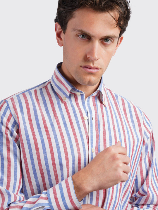 STRIPED WASHED COTTON LINEN REGULAR FIT SHIRT - Roban