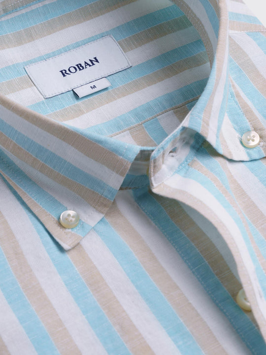 STRIPED WASHED COTTON LINEN REGULAR FIT SHIRT - Roban