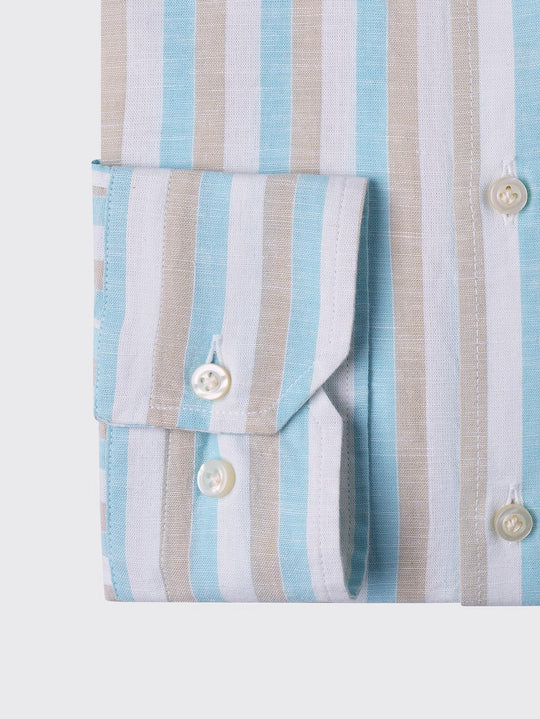 STRIPED WASHED COTTON LINEN REGULAR FIT SHIRT - Roban