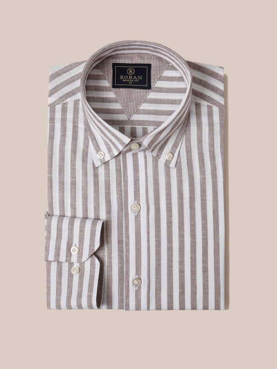 STRIPED WASHED COTTON LINEN REGULAR FIT SHIRT - Roban