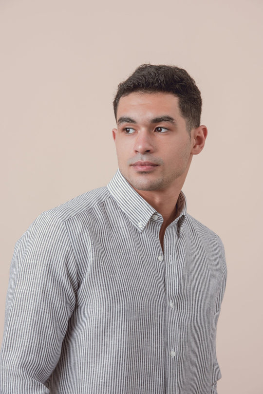 STRIPED WASHED LINEN REGULAR FIT SHIRT - Roban