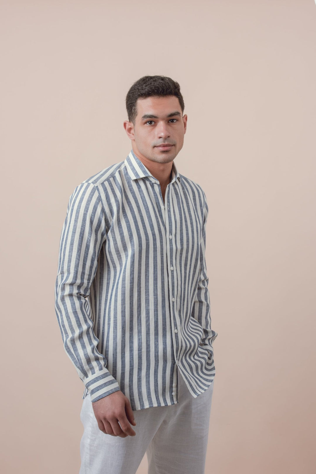 STRIPED WASHED LINEN REGULAR FIT SHIRT - Roban