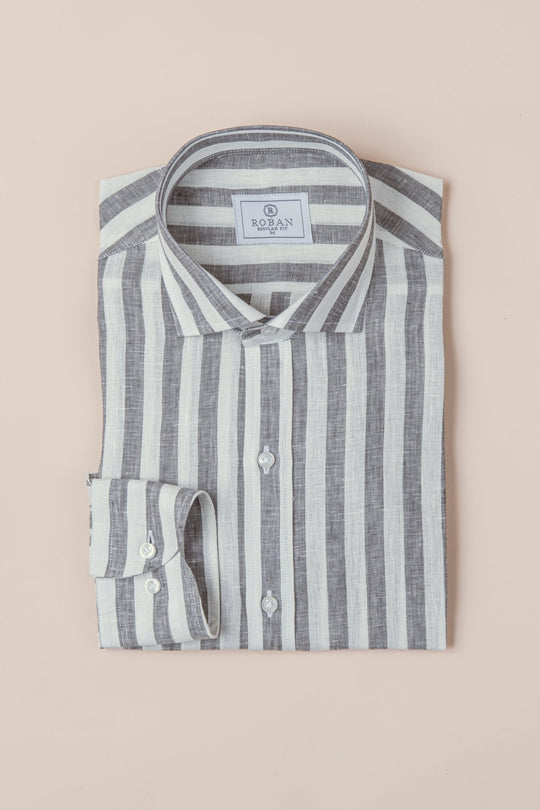 STRIPED WASHED LINEN REGULAR FIT SHIRT - Roban