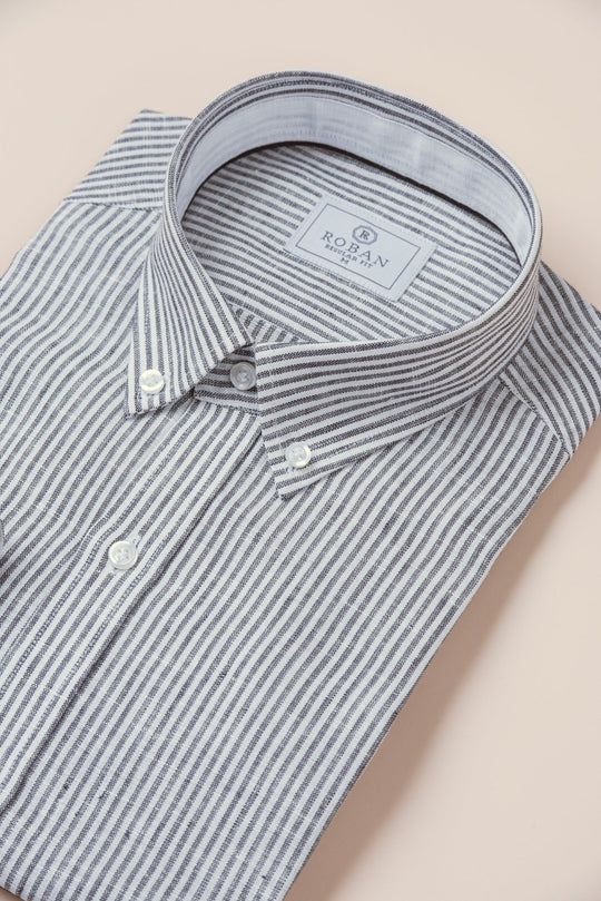STRIPED WASHED LINEN REGULAR FIT SHIRT - Roban