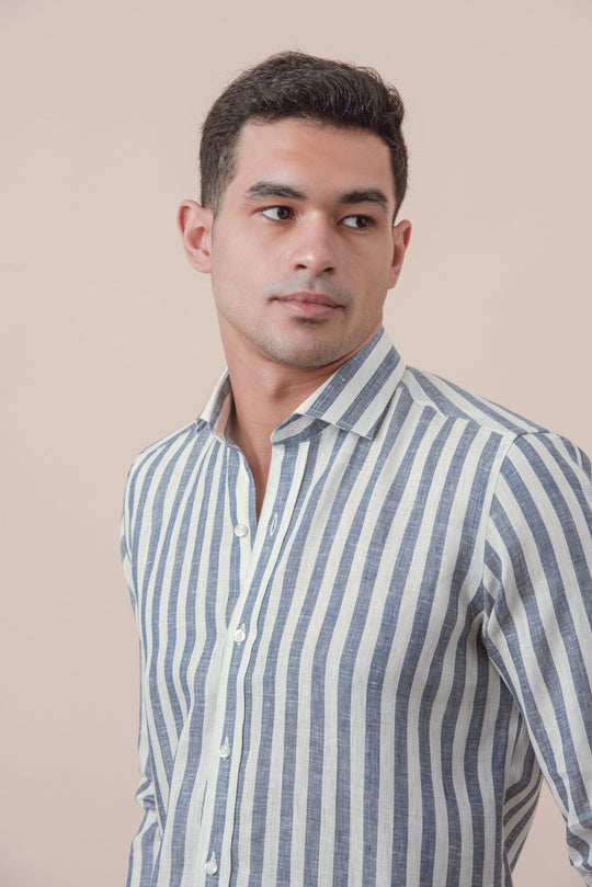 STRIPED WASHED LINEN REGULAR FIT SHIRT - Roban